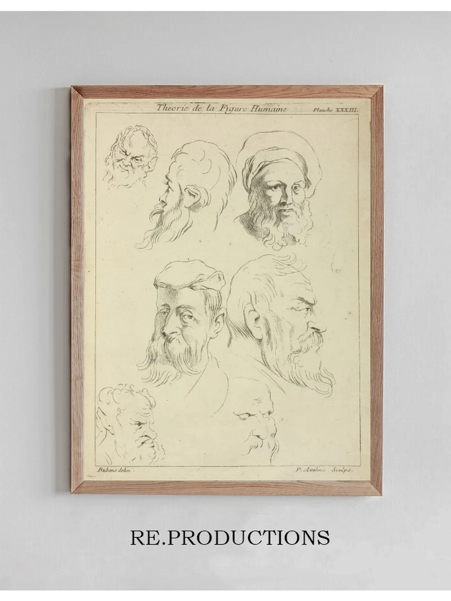 Seven Male Heads, All with Beards, Two Wearing Caps