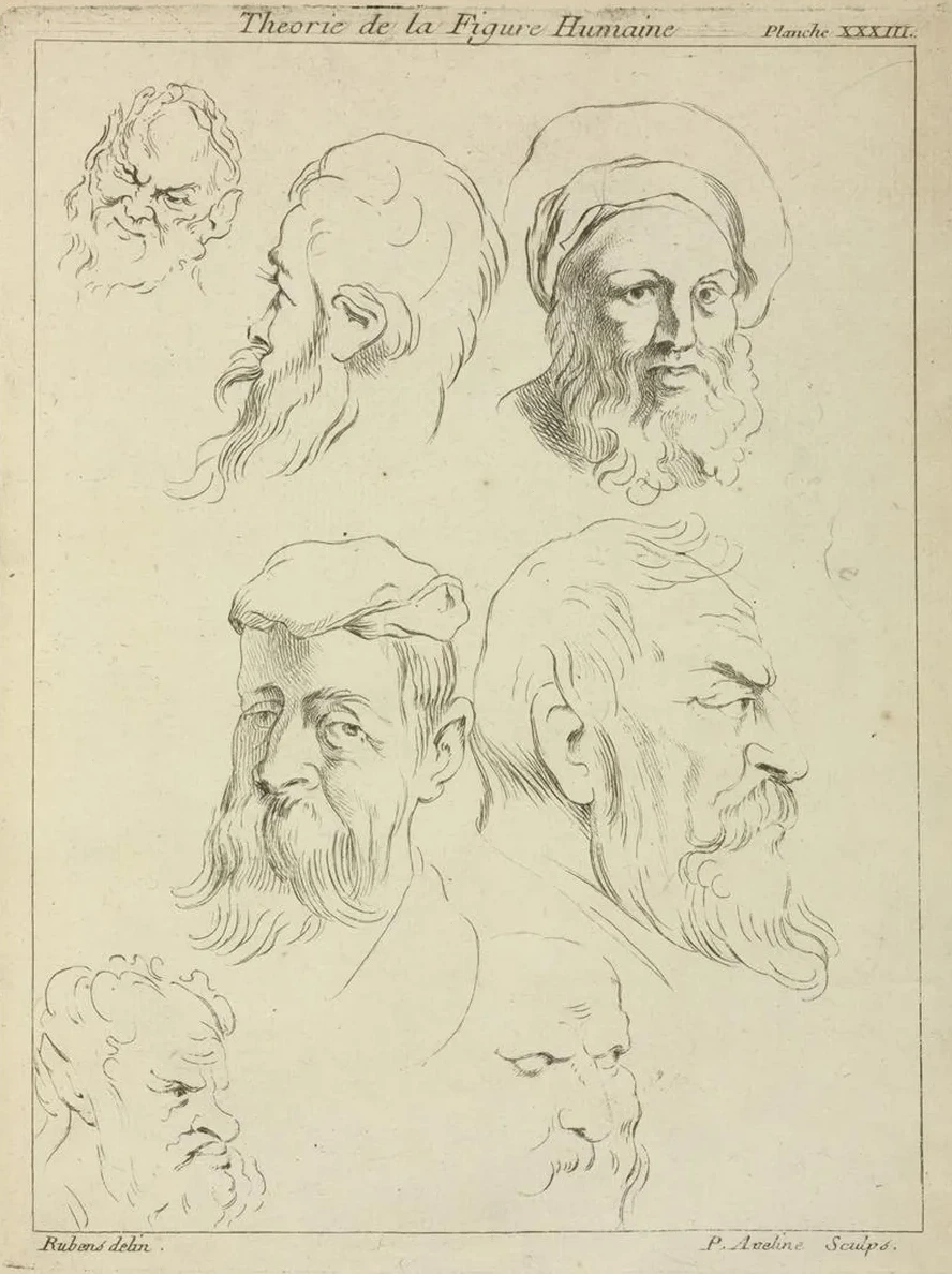 Seven Male Heads, All with Beards, Two Wearing Caps