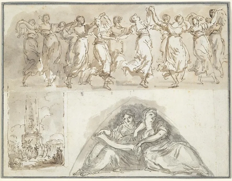 Sheet of Sketches Frieze of Dancing Women, Dancing Women at the Foot of an Obelisk, and Two Seated Female Figu