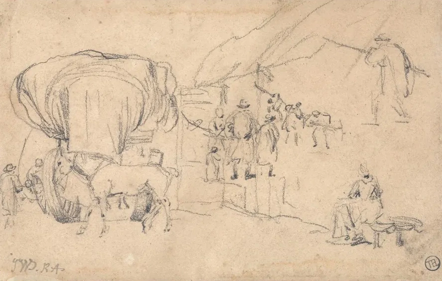 Sheet of Sketches Wagon, Horse, Milkmaid and Other Figure Studies