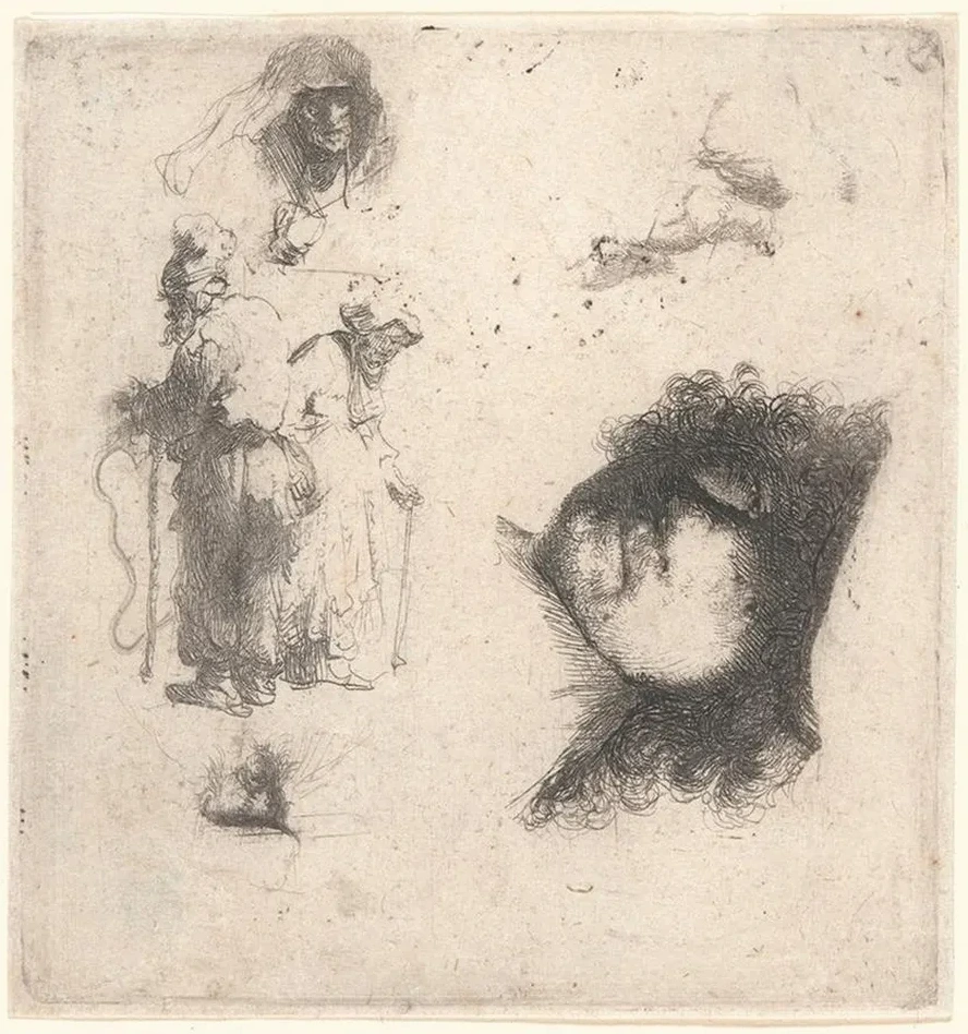 Sheet of Studies Head of the Artist, a Beggar Couple, Heads of an Old Man and Old Woman