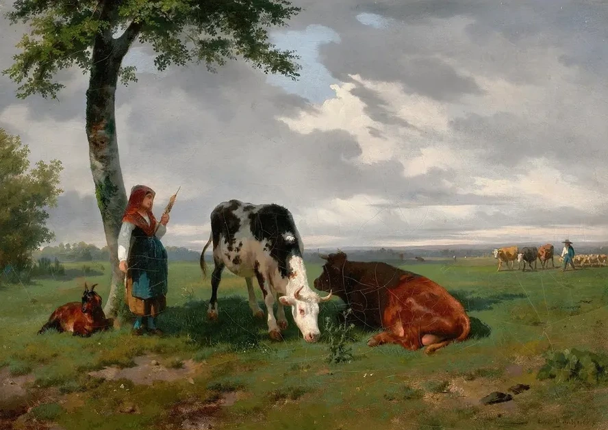 Shepherdess and Two Cows in a Meadow