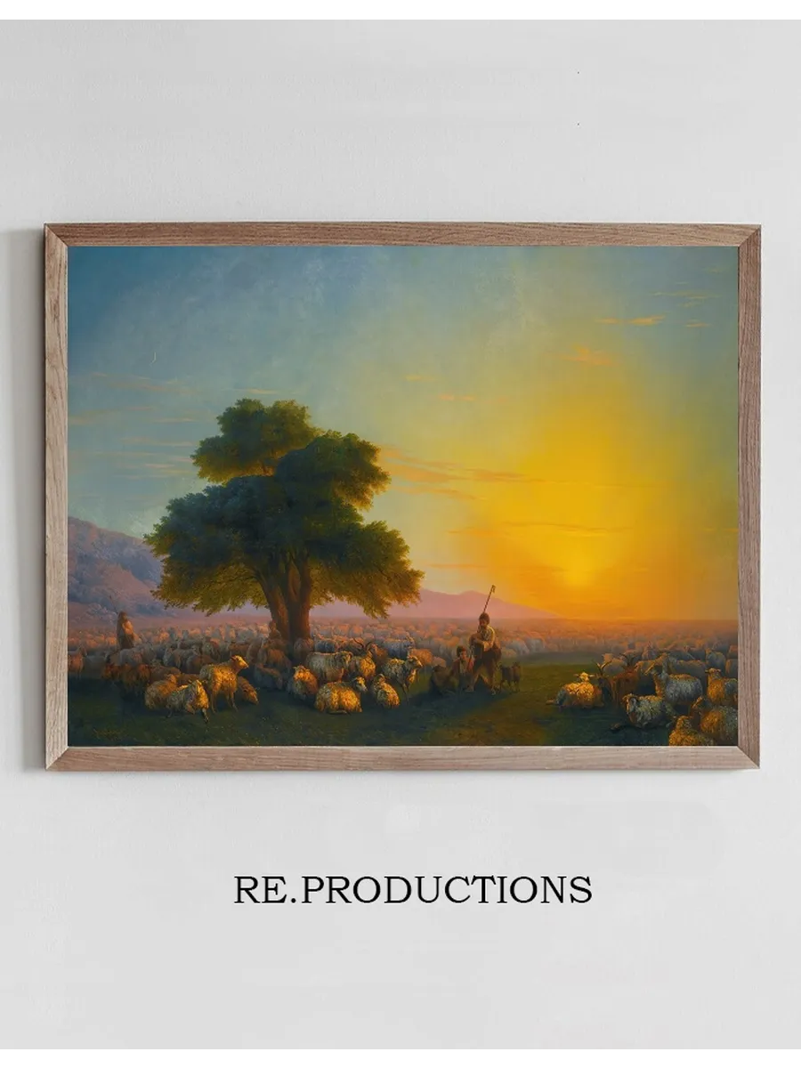 Shepherds With Their Flock At Sunset