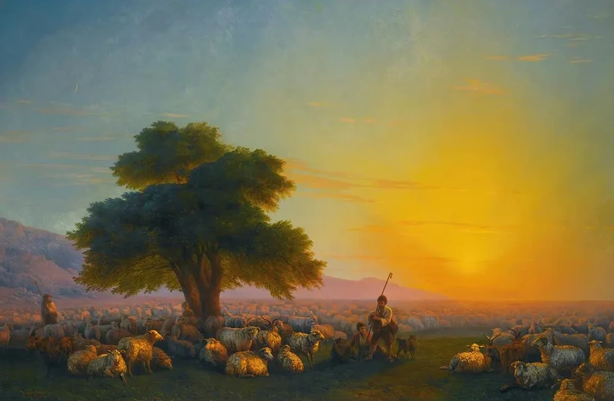 Shepherds With Their Flock At Sunset