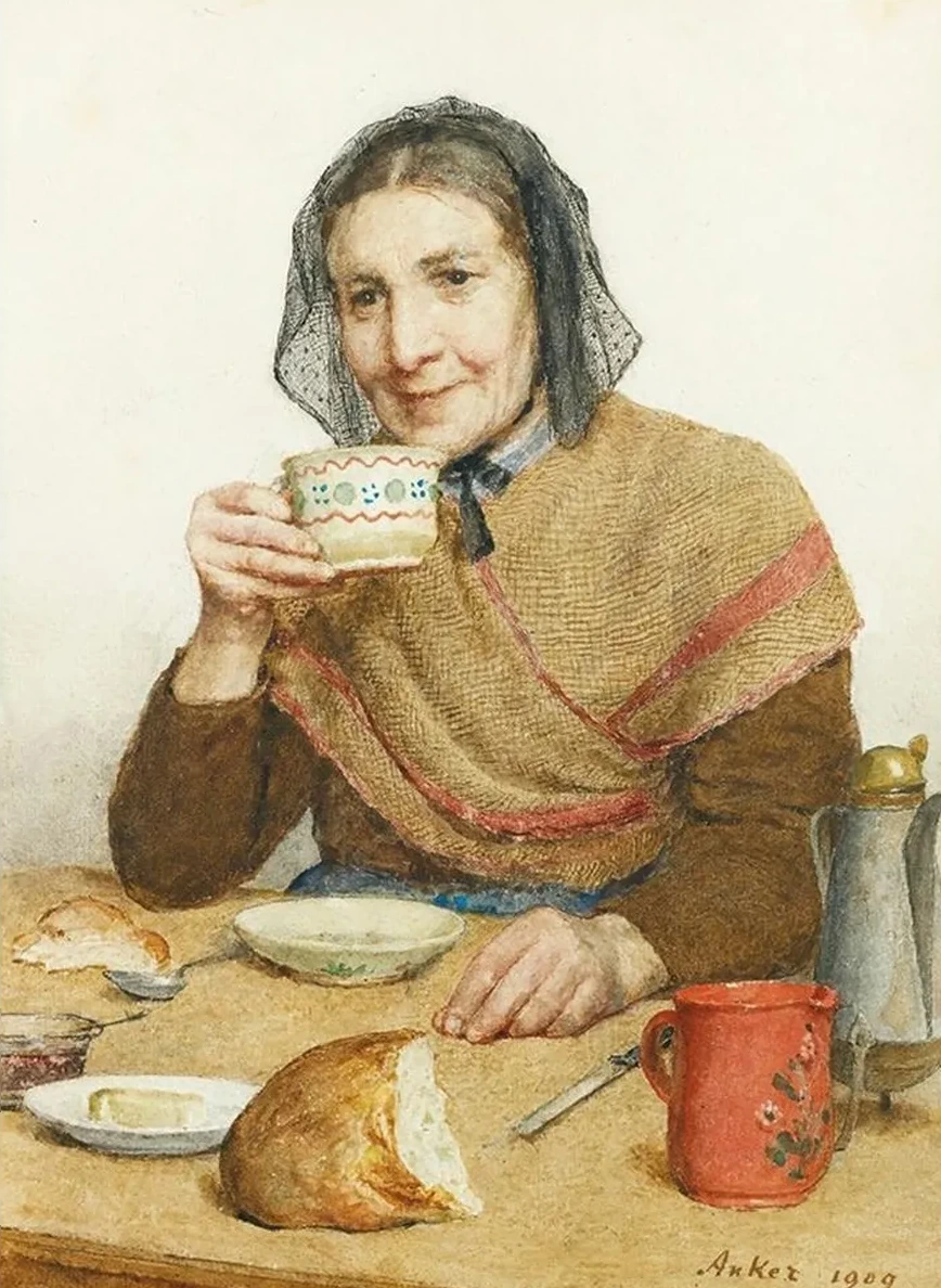 Sitting Peasant Woman Holding A Cup In Her Hand