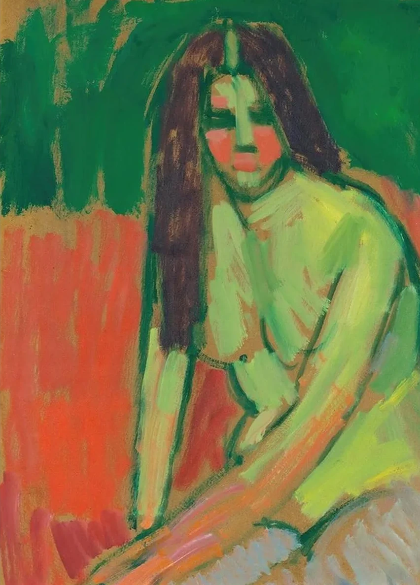 Sitzender Halbakt Geneigt Mit Langen Haaren (Half - Nude Figure With Long Hair Sitting Bent)
