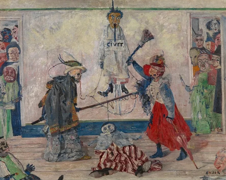 Skeletons Fighting Over the Body of a Hanged Man