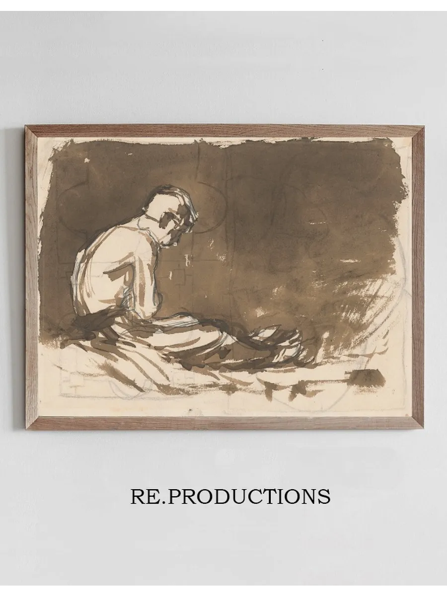 Sketch of a Man sitting Half - Naked from a Side View (In Prison I.)