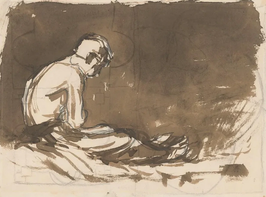 Sketch of a Man sitting Half - Naked from a Side View (In Prison I.)