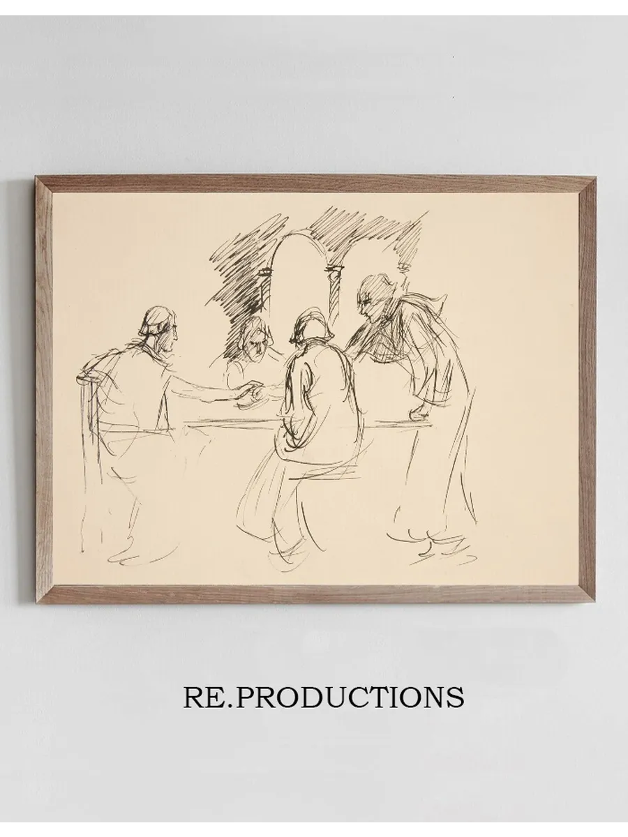 Sketch of Four Men in Medieval Dress at a Table Unidentified Illustration, Possibly for Love's Labours Lost