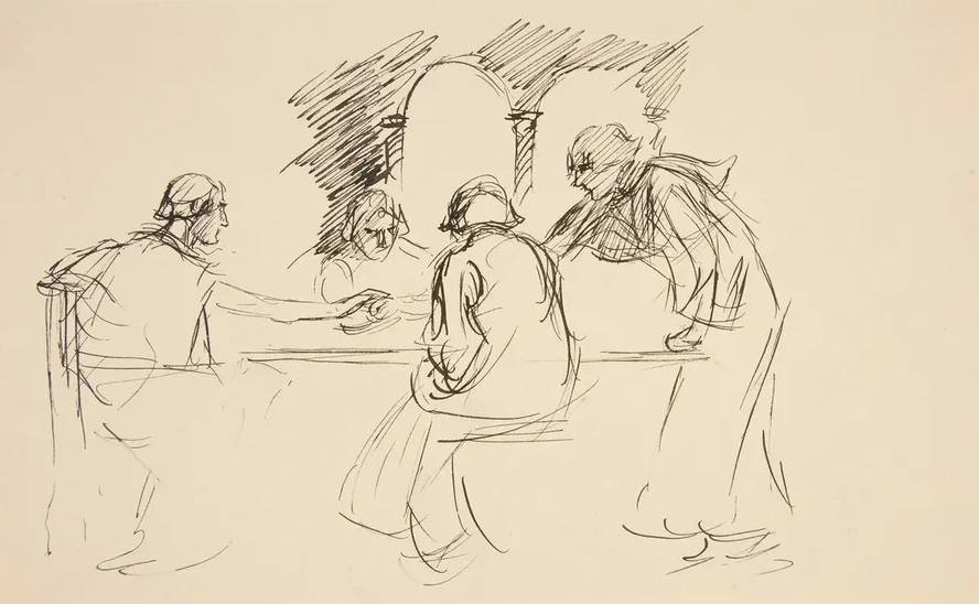 Sketch of Four Men in Medieval Dress at a Table Unidentified Illustration, Possibly for Love's Labours Lost