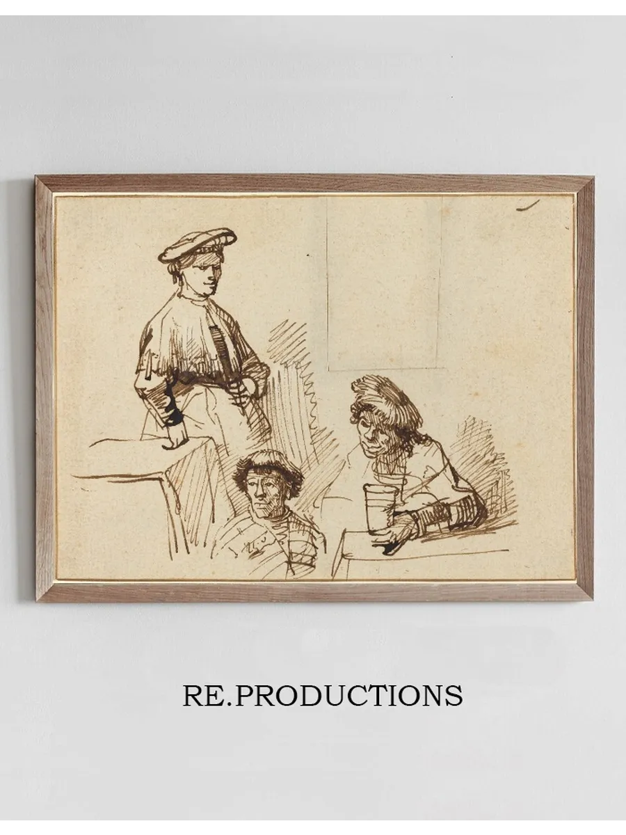 Sketches from a Tavern Woman Standing and Two Men Seated