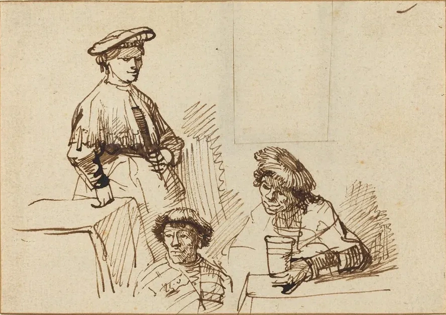 Sketches from a Tavern Woman Standing and Two Men Seated