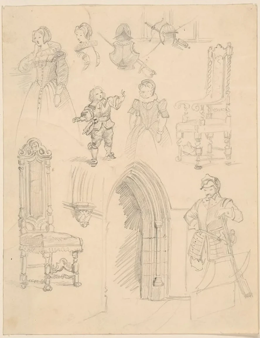 Sketches of Baroque Costumes and Furniture and Gothic Architectural Details
