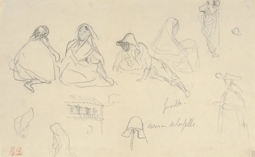 Sketches of Figures and a Tile - Roofed Building, Seville, Spain