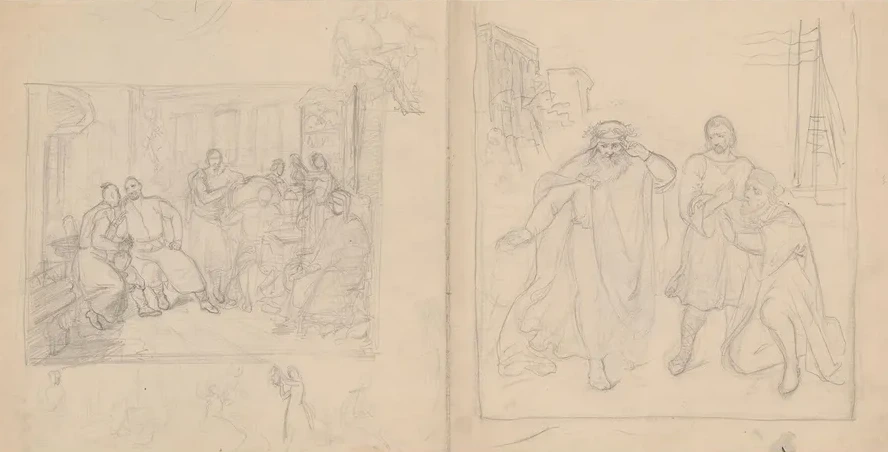Sketches of Figural Compositions the Scene Inside a Manor House and the Scene with a Diviner