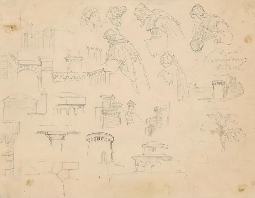 Sketches of Medieval Defensive Structures and Male Figures with Turbans