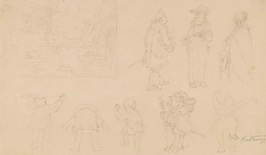 Skizzenblatt Mit 8 Figurenskizzen, Darunter Gnome, Sowie Gartenkomposition Mit Tor, Haus, Hund Und B Umen