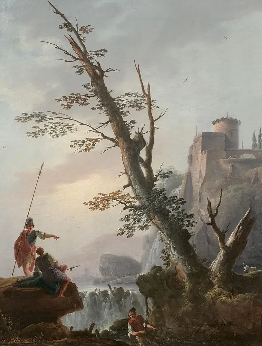 Soldats et P Cheurs Dans Un Paysage de Cascade