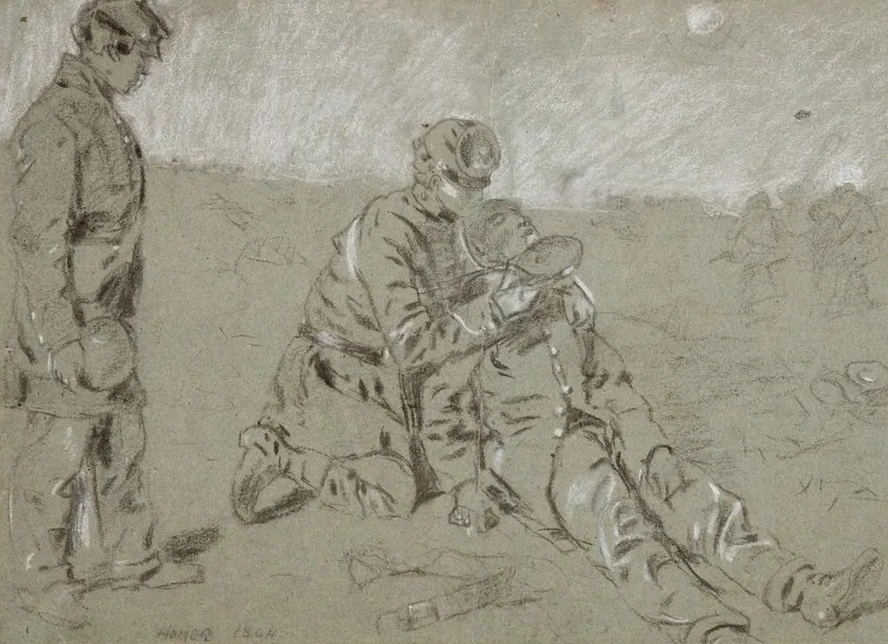 Soldier Giving Water to a Wounded Companion