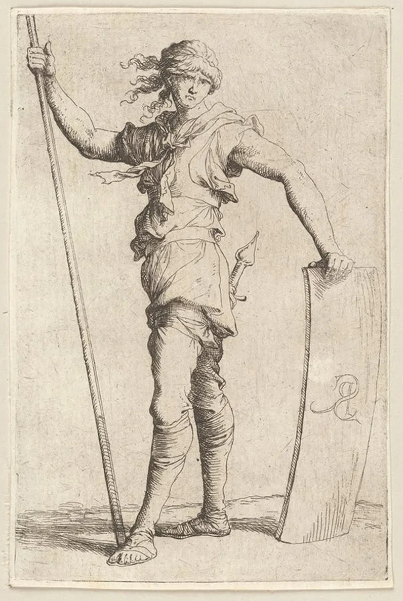 Soldier Holding a Cane and His Shield, Facing Left