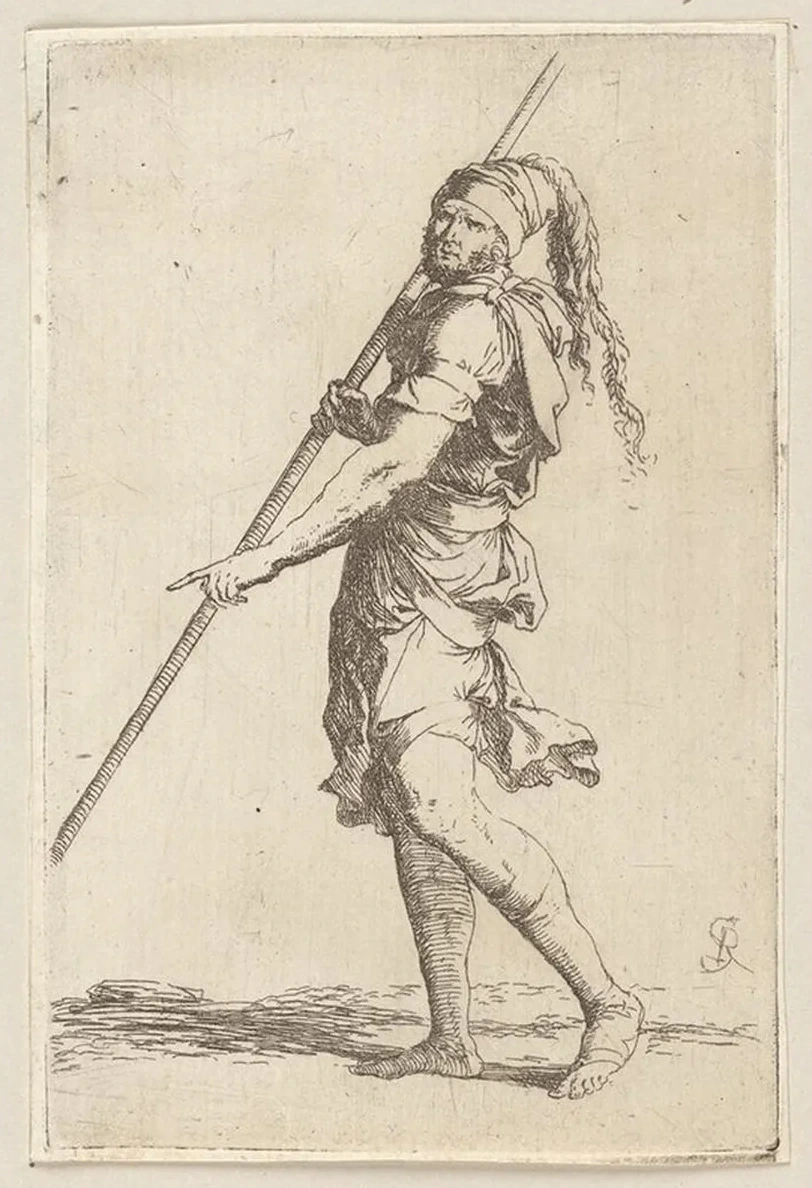 Soldier Holding a Cane with Both Hands, Walking Toward the Left
