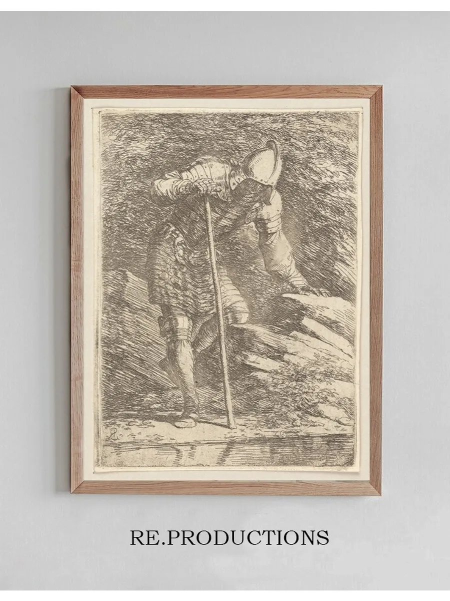 Soldier in Helmet and Armor Regarding a Stream