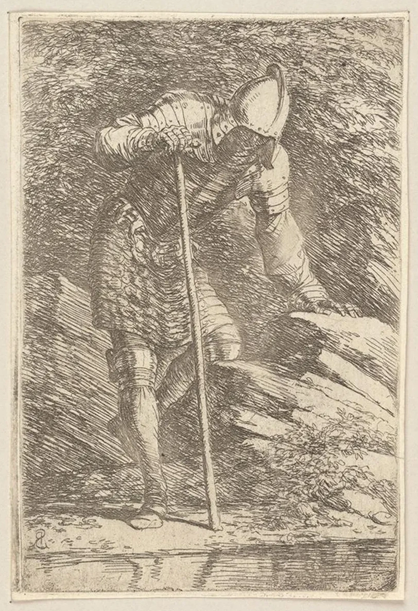 Soldier in Helmet and Armor Regarding a Stream