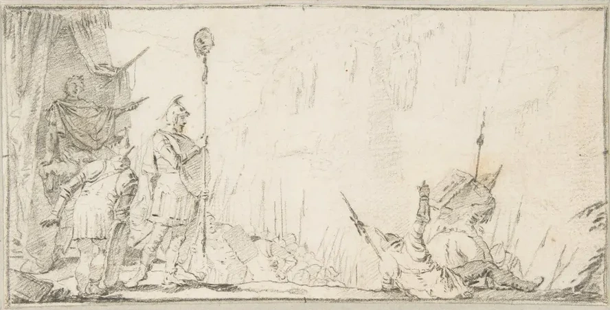 Soldier in Front of General Holding Up a Decapitated Head on a Staff