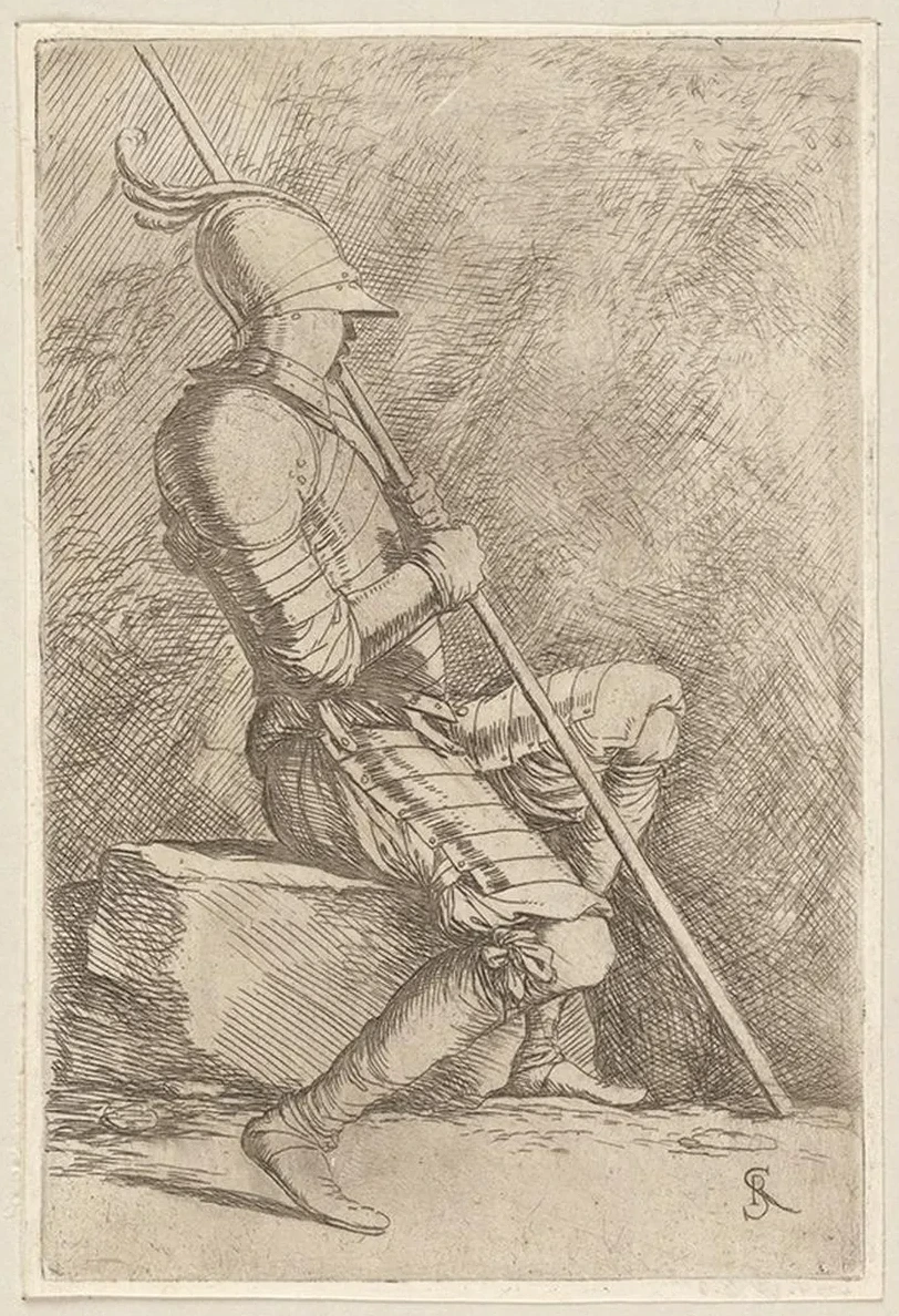 Soldier, Seated, in a Helmet, Holding a Cane