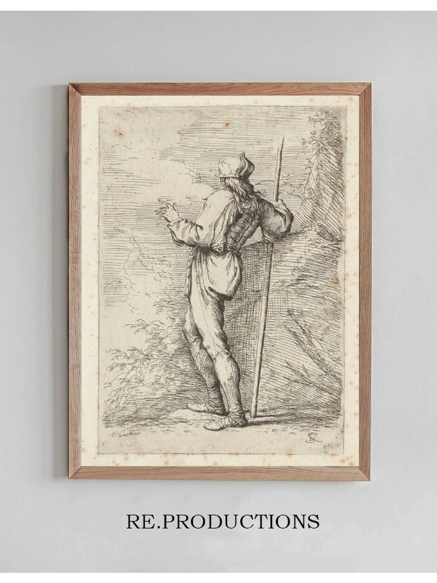 Soldier, Standing, Holding a Long Cane before a Rocky Wall