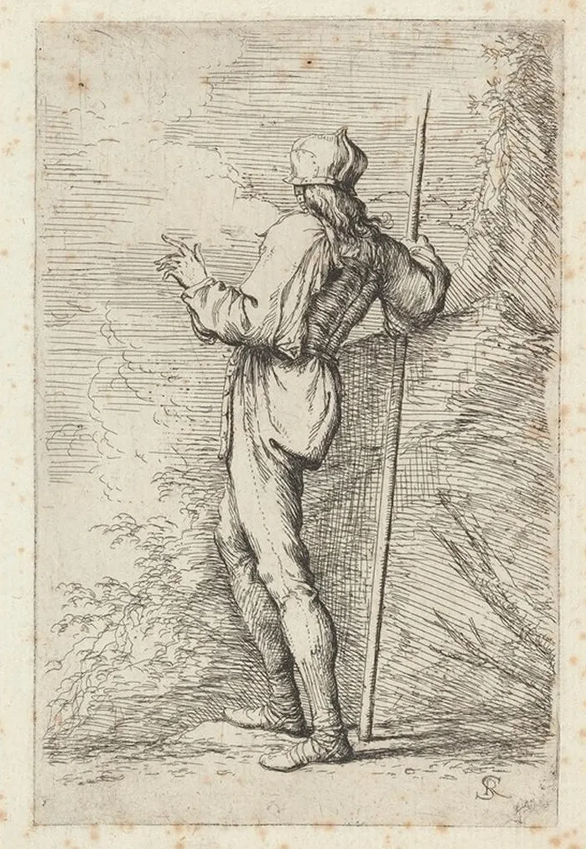 Soldier, Standing, Holding a Long Cane before a Rocky Wall