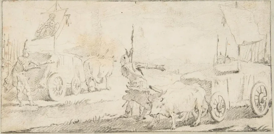 Soldiers Driving Ox Carts with Banners