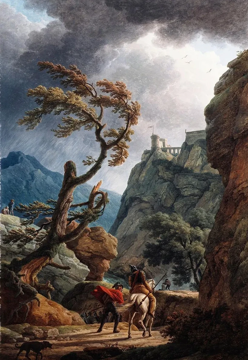 Soldiers in a Mountain Gorge, with a Storm