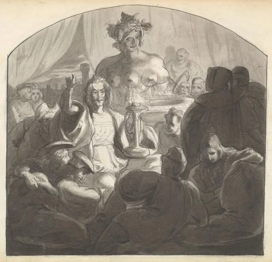 Speaker Addressing Male Figures Gathered at Night Around a Fountain