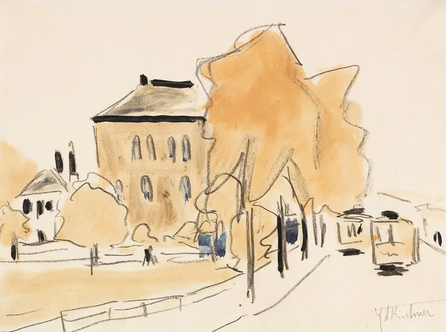 Stadtlandschaft Mit Zwei Stra Enbahnen (strassenbahn. Berlinerstrasse in Dresden)