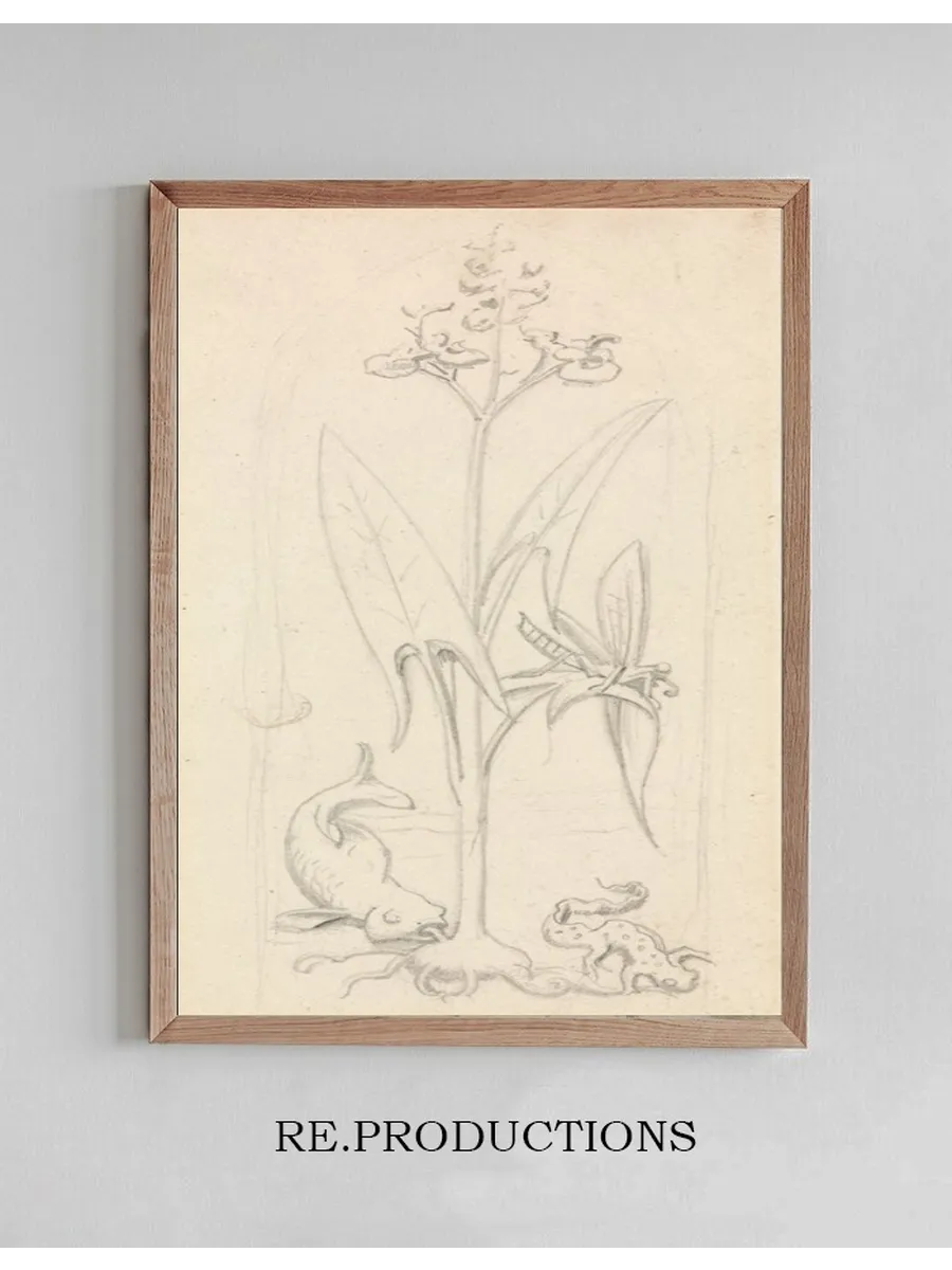 Stained Glass Study, Water Plant with Grasshoper, Fish and Newt
