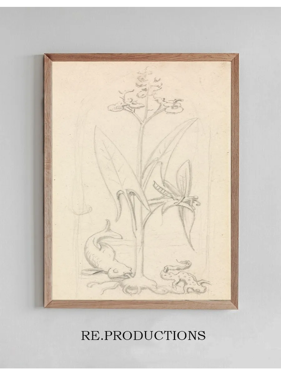Stained Glass Study, Water Plant with Grasshoper, Fish and Newt