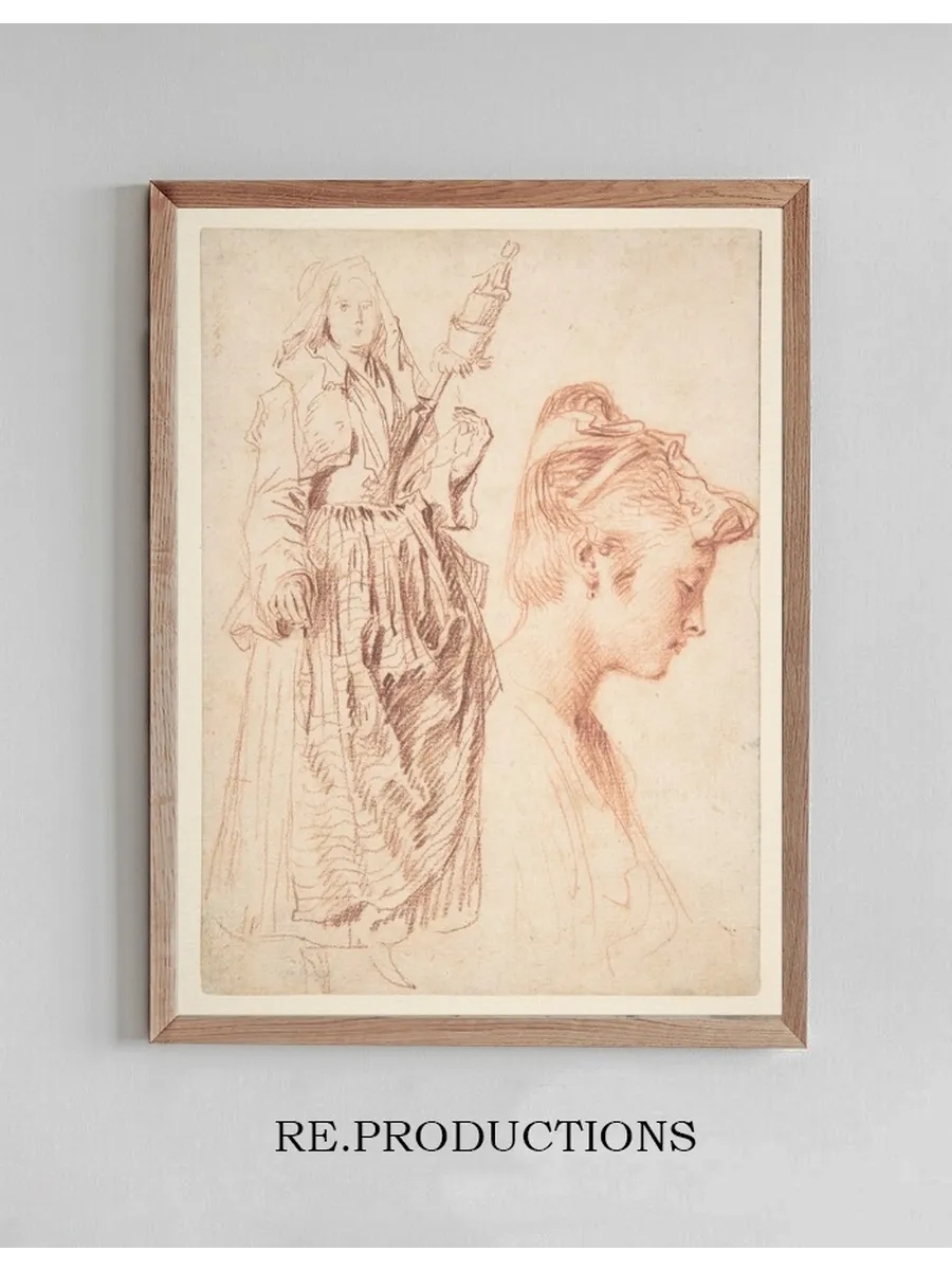 Standing Woman Holding a Spindle, and Head of a Woman in Profile to Right