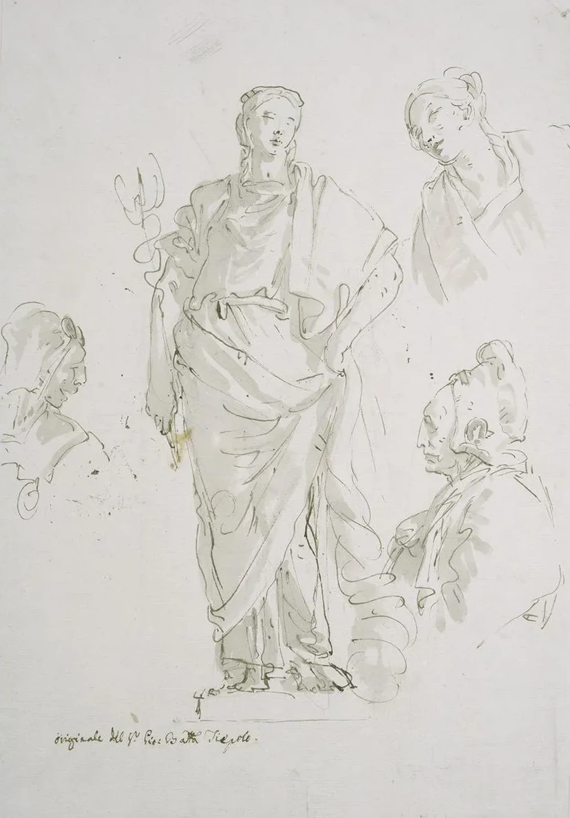 Standing Female Figure on a Pedestal and Three Studies of Heads
