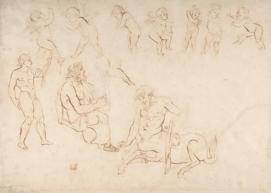 Standing Nude Athlete Seated Man with a Lyre Centaur and Seven Putti (three with Wings)