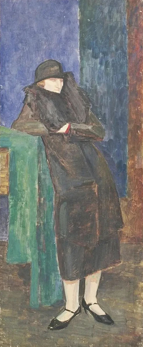 Stehende Dame Mit Pelzkragen Und Schwarzem Hut
