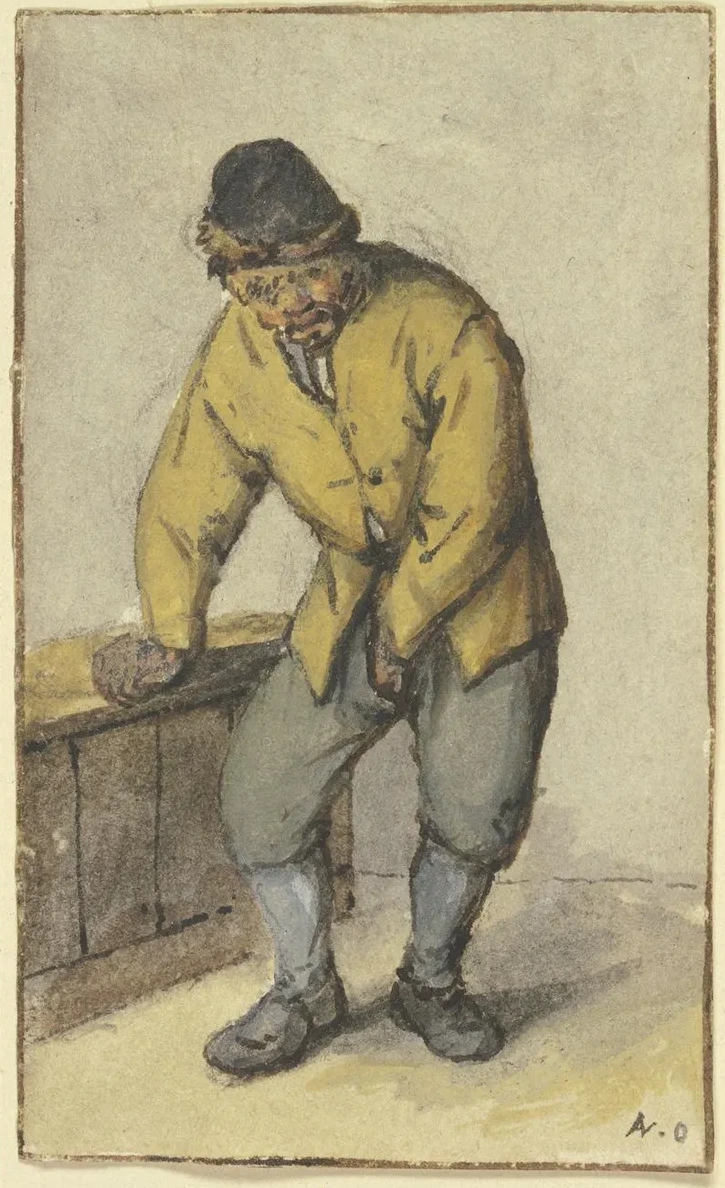 Stehender Bauer von Vorn, Seine Hose Aufkn Pfend