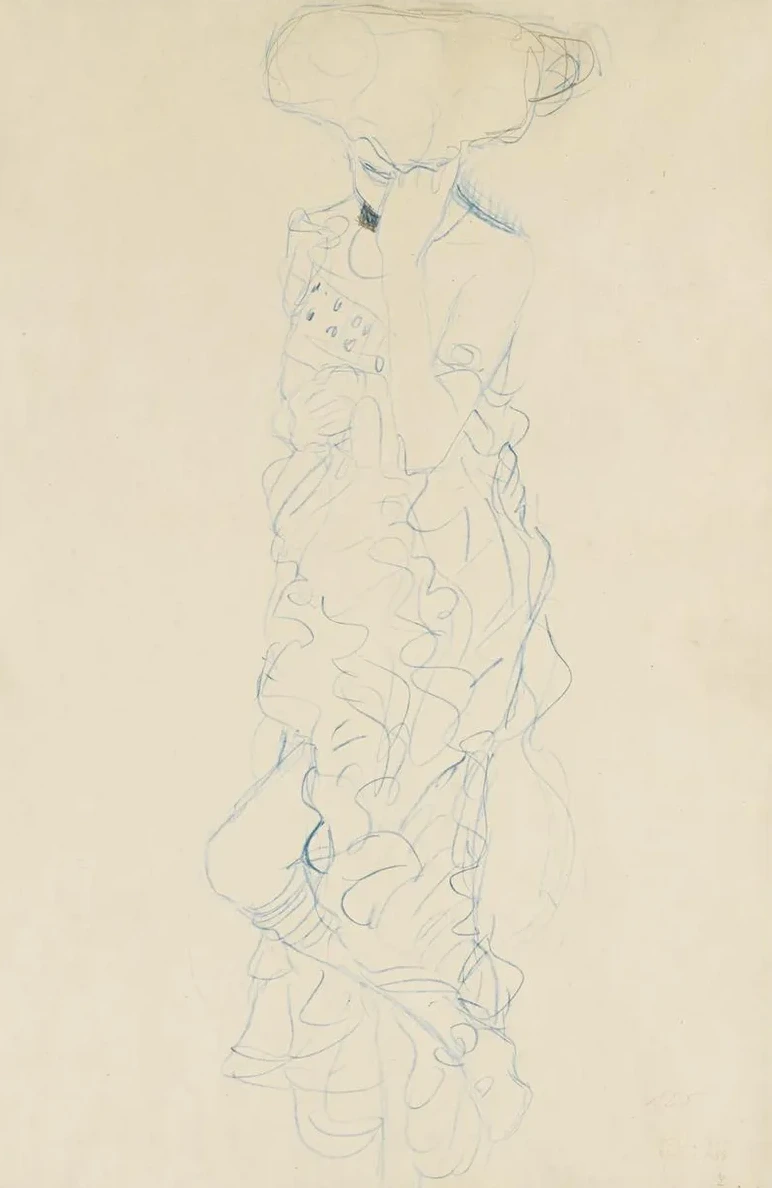 Stehender Halkbakt mit verdecktem Gesicht von vorne (Semi - Nude Woman Standing with Her Face Covered, Seen From