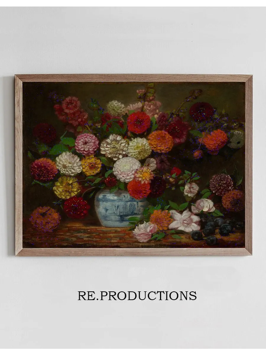 Still Life with Dahlias, Zinnias, Hollyhocks and Plums
