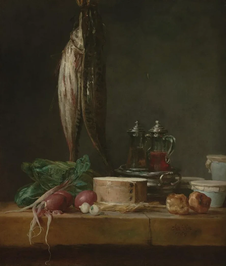 Still Life with Fish, Vegetables, Goug res, Pots, and Cruets on a Table