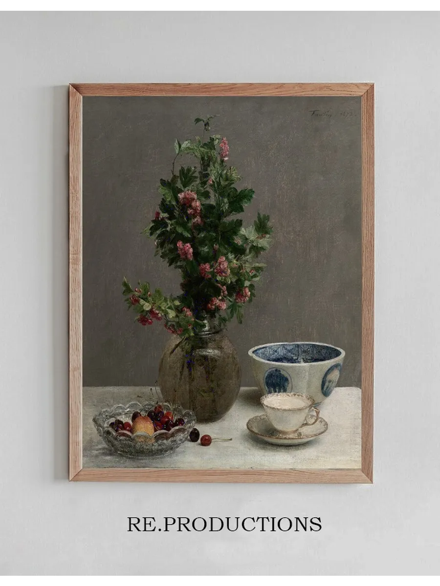 Still Life with Vase of Hawthorn, Bowl of Cherries, Japanese Bowl, and Cup and Saucer