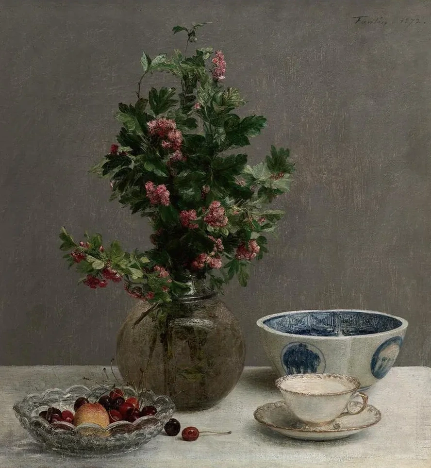 Still Life with Vase of Hawthorn, Bowl of Cherries, Japanese Bowl, and Cup and Saucer