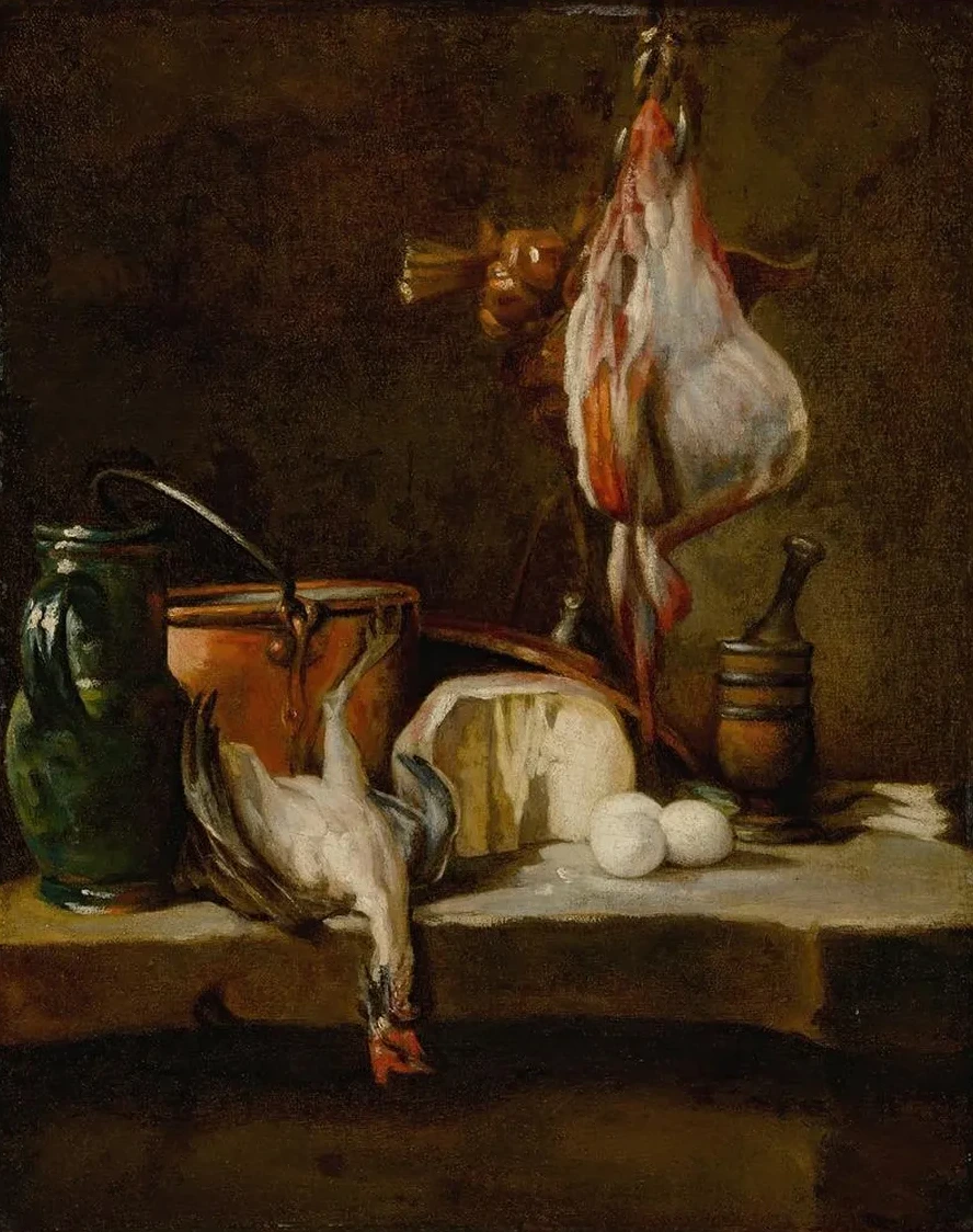 Still Life with a Ray - Fish, a Basket of Onions, Eggs, Cheese, a Green Jug and a Copper Pot