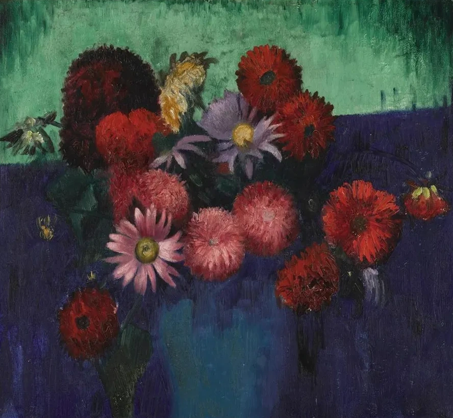 Still Life, Dahlias and Daisies in a Blue Vase